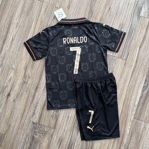 Portugal Ronaldo #7 Black Kids Soccer Jersey and Shorts Set